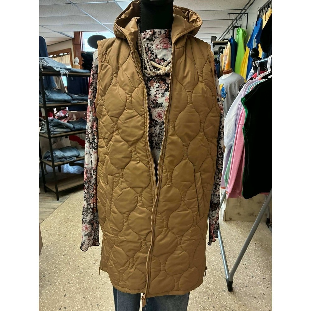 Size XL Quilted Longline Hooded Vest Womens Tan Onion Stitch Sleeveless Vest